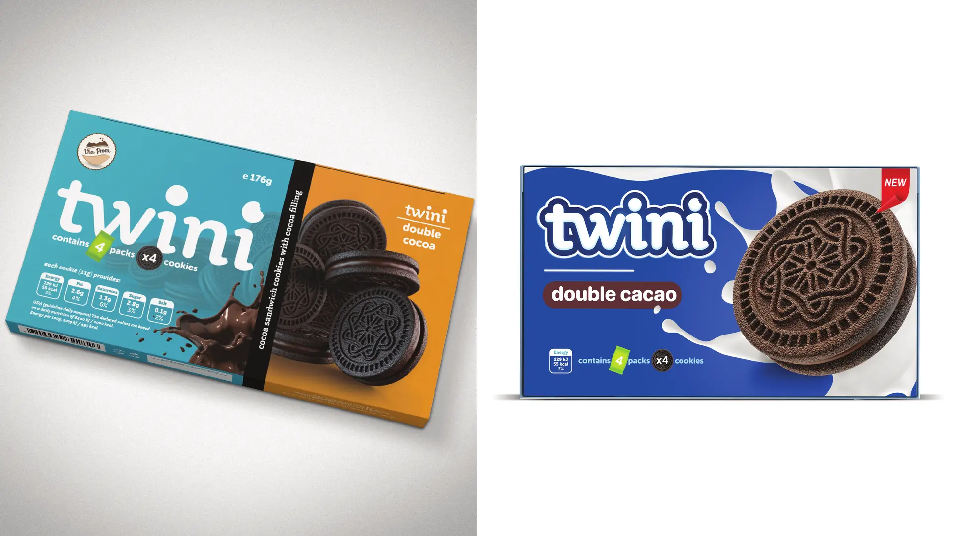 Twini Double Cacao Packaging Design in Orange und Blau
