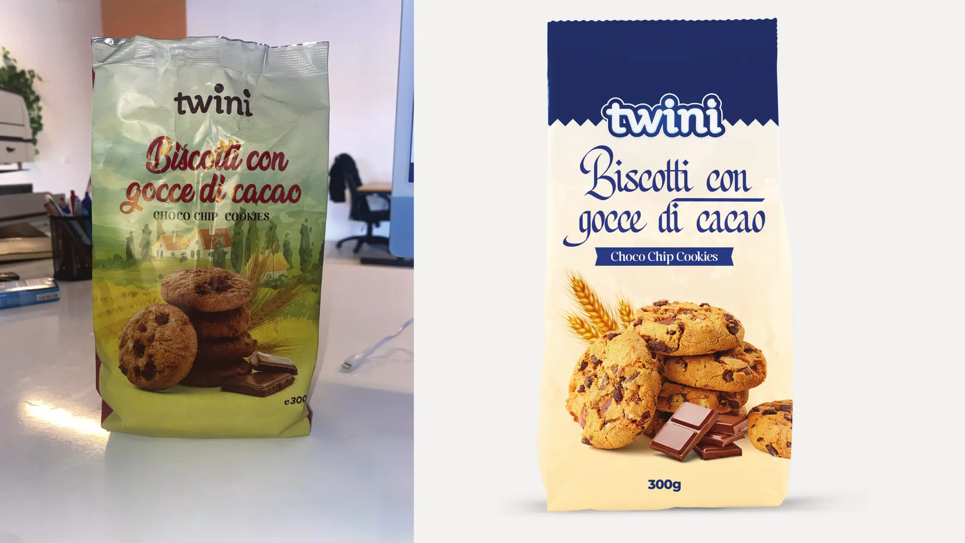 Twini Packaging Design Entwicklungsphase mit bestehender Verpackung und Entwurf