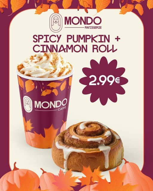 Mondo Instagram-Post: Spicy Pumpkin und Cinnamon Roll im Herbstdesign